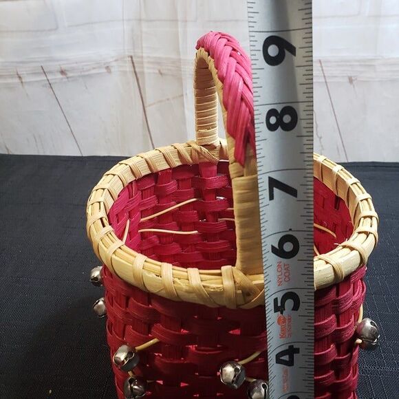 Cute Small Red Wicker Christmas Basket with Bells 5" x 8" tall Holiday Decor - Picture 8 of 11